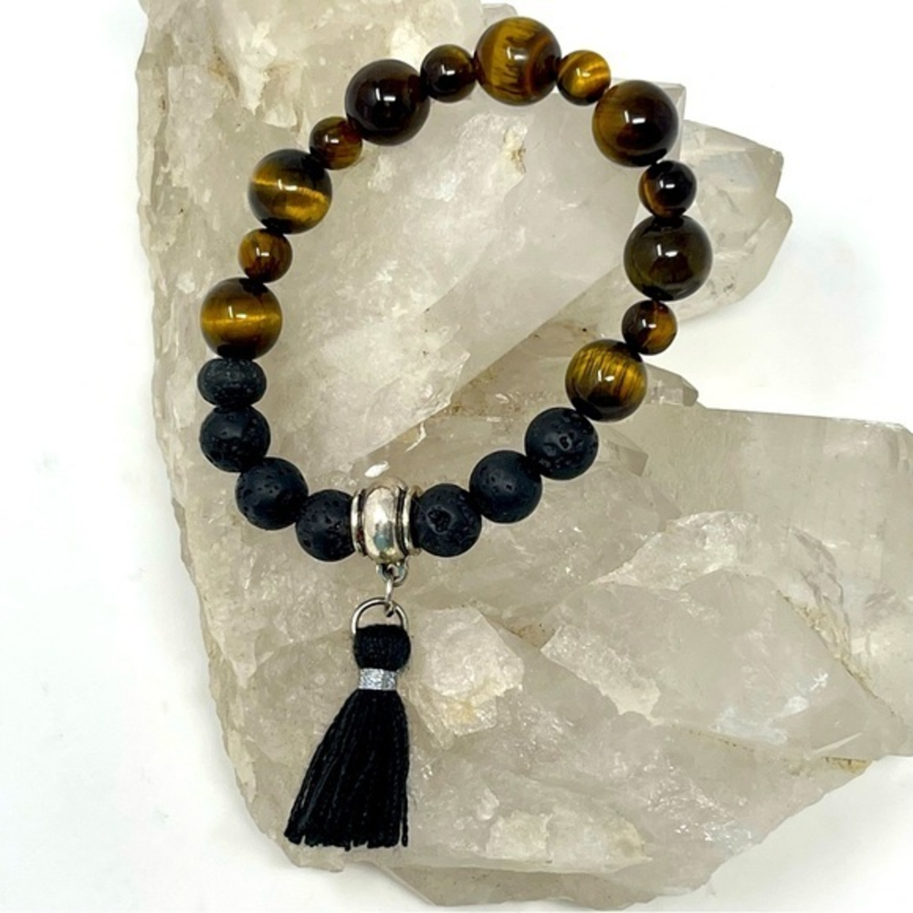 Tiger Eye Glass Beaded Bracelet Lava Stone Silver Bead W. Black Tassel Stackable